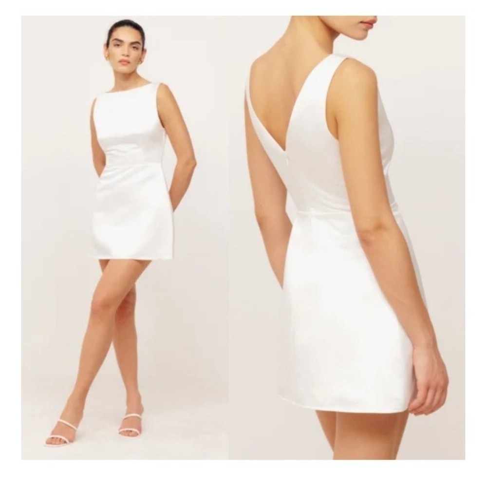 NWT Reformation Zenni Dress Ivory Size 12 Bridal Boat Neck Satin V Neck Mini